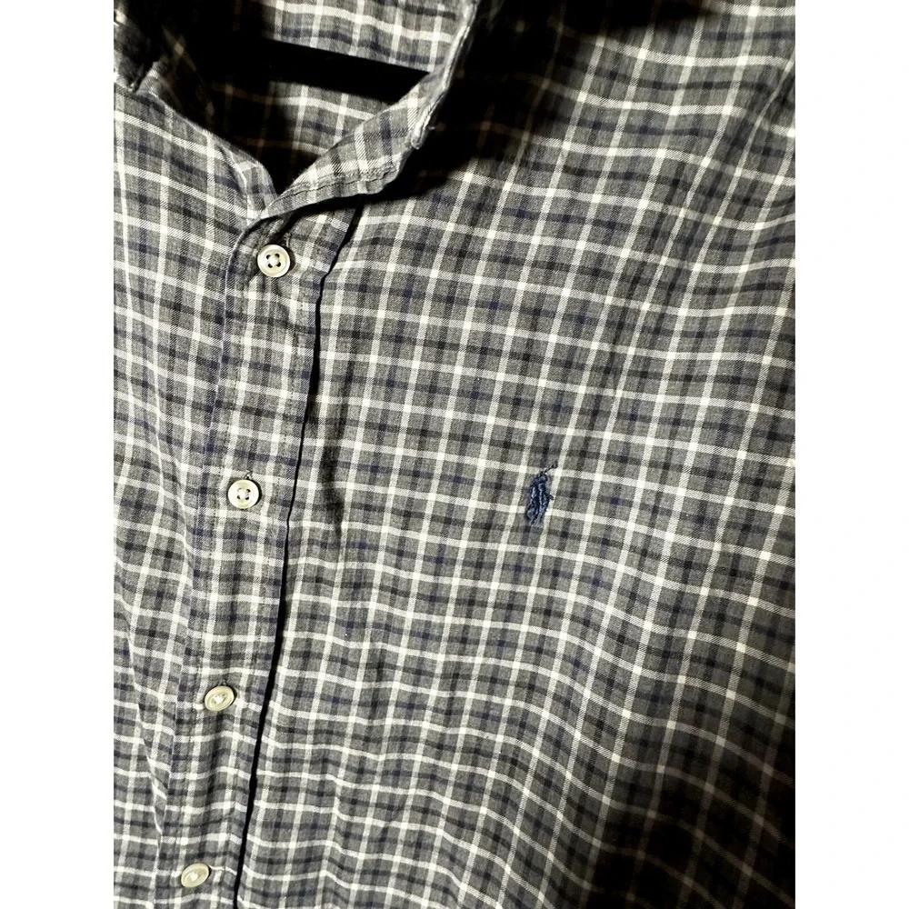 Polo Ralph Lauren Mens Slim Fit Plaid Button Down Grey White Large L Cotton